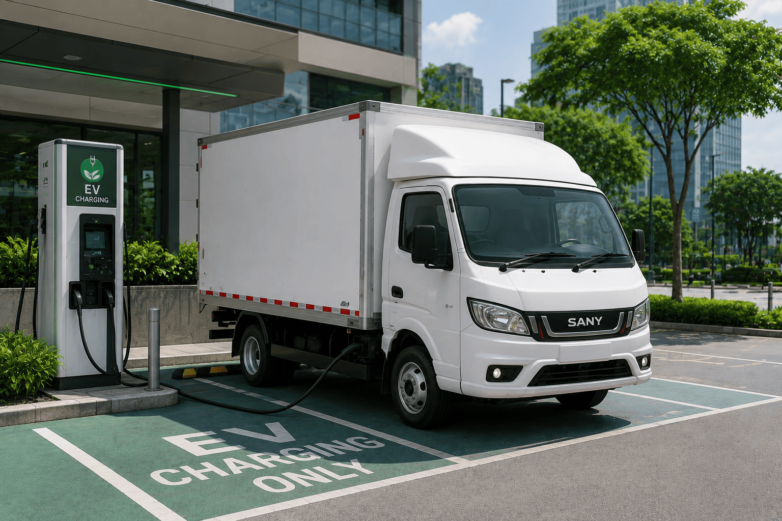 SANY FR381 electric truck at EV charging station